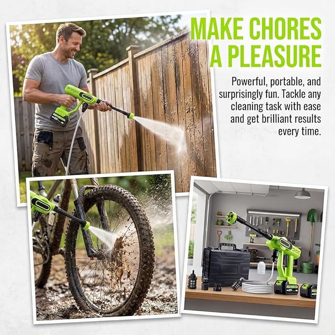 Cordless Portable Washer, 2026 Upgraded 1800 Psi Battery Powered Handheld Washer with 6-in-1 Nozzle, Battery Operated Pressure Washer for Car,Home,Bike,Garden Patio, Outdoor Cleaning (Green)
