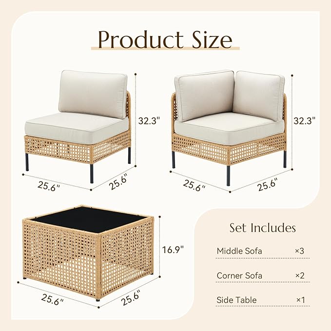 Belord Patio Sectional Furniture Set 6-Piece, Waterproof Outdoor Seating Furniture with Thick Cushions, Wicker Conversation Set for Garden, Poolside