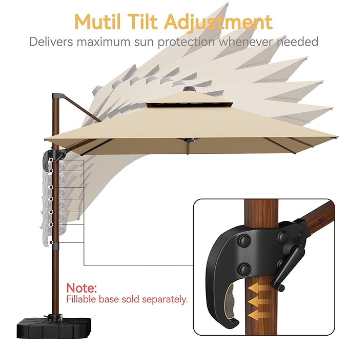 10x13 FT Wood Pattern Patio Umbrella, Large Deluxe Cantilever Rectangular Double Top Heavy Duty Offset Umbrellas with 360° Rotation, Outdoor shade for Garden Deck Pool Patio, Beige