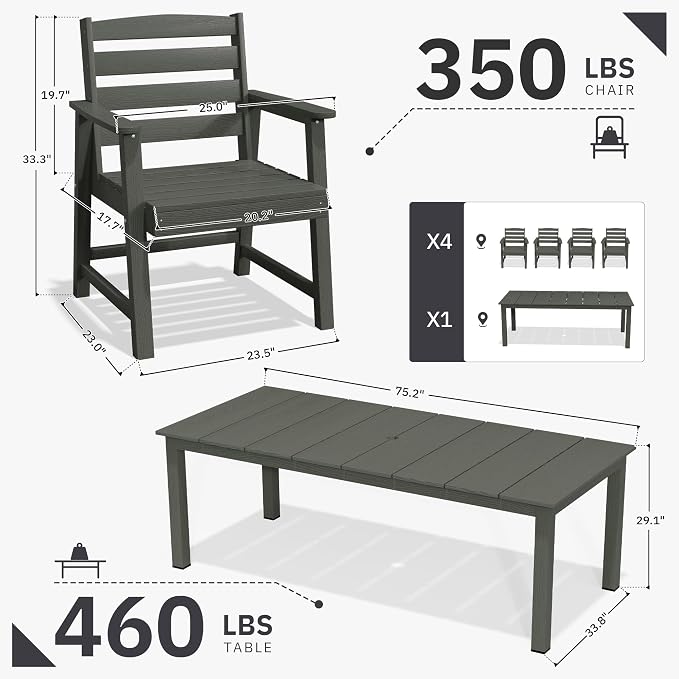 AreShark 5-Piece Outdoor Dining Set,HDPE Patio Table with 4 Armchairs,All-Weather Patio Furniture Set with Umbrella Hole,Low Maintenance Wood Grain Dining Set for Backyard,Garden,Poolside,Black