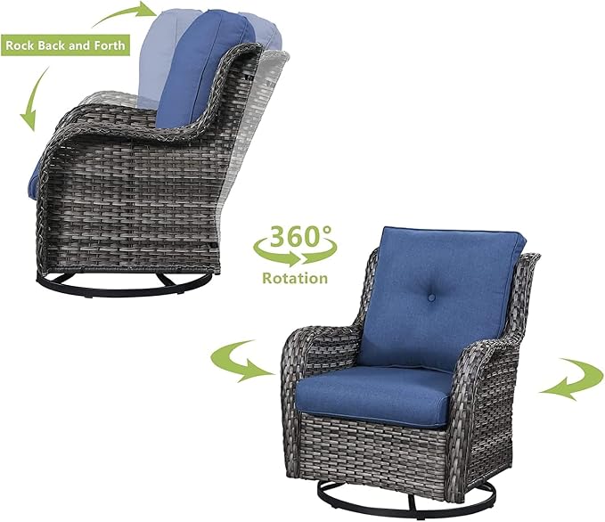 HUMMUH Patio Furniture 6 Pieces Outdoor Furniture Set Wicker Outdoor Sectional Sofa with Swivel Rocking Chairs,Patio Ottomans,Patio Coffee Table, Grey/Blue