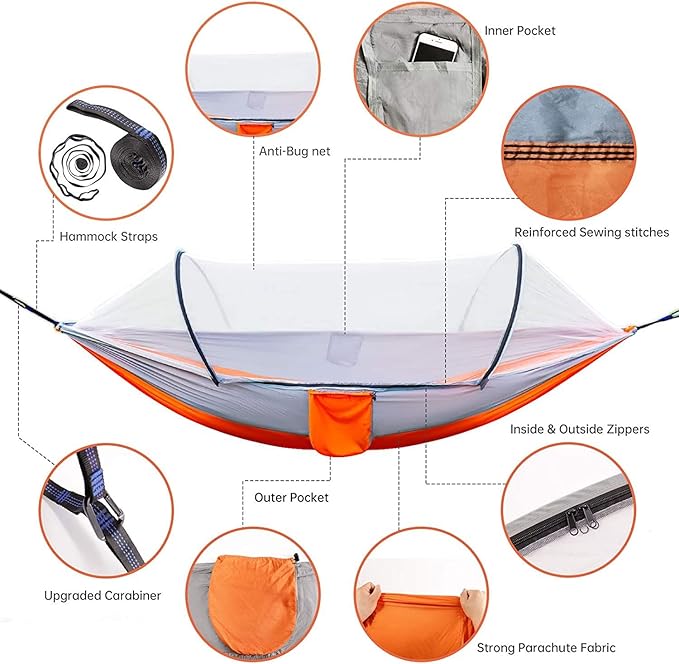 Camping Hammock with Net, Travel Portable Lightweight Hammock with Tree Straps and Carabiners, Pop Up Parachute Nylon Hammock, for Beach Patio Hiking (Color : LargeD, Size : 270x140cm)