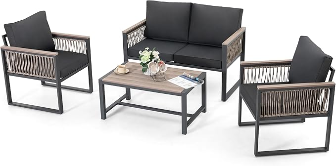 NUU GARDEN 4 Pieces Outdoor Patio Furniture Set, 4 Seats Outdoor Sectional with Coffee Table, Wicker Patio Conversation Sets with Armrests and Cushions Patio Set for Backyard, Garden and Poolside
