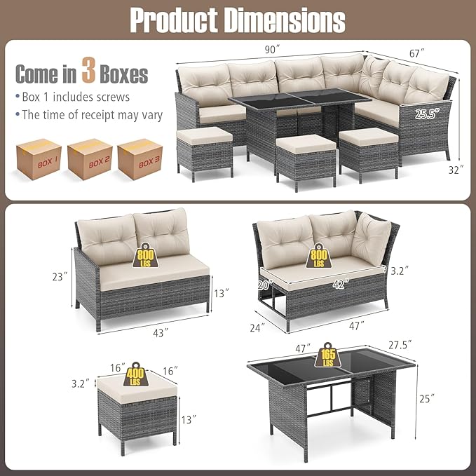Tangkula 7 Pieces Patio Dining Furniture Set, Outdoor PE Rattan Sectional Sofa Set with Soft Cushions, Ottomans and Tempered Glass Table, Wicker Conversation Set (Mix Gray + Off White)