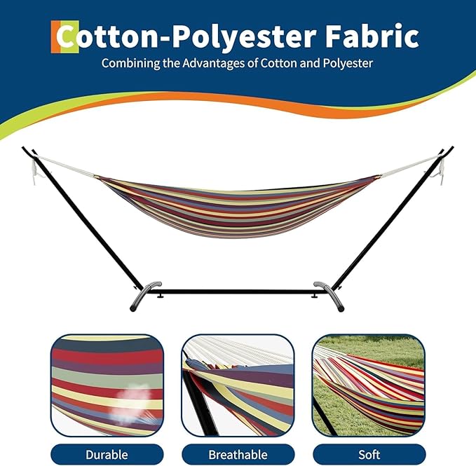 Double Person Heavy Duty Hammock, with Space-Saving Steel Stand & Portable Carrying Case, 450lb Capacity, Premium Balance Beams, Indoor/Outdoor Use - Yellow Rainbow Stripes