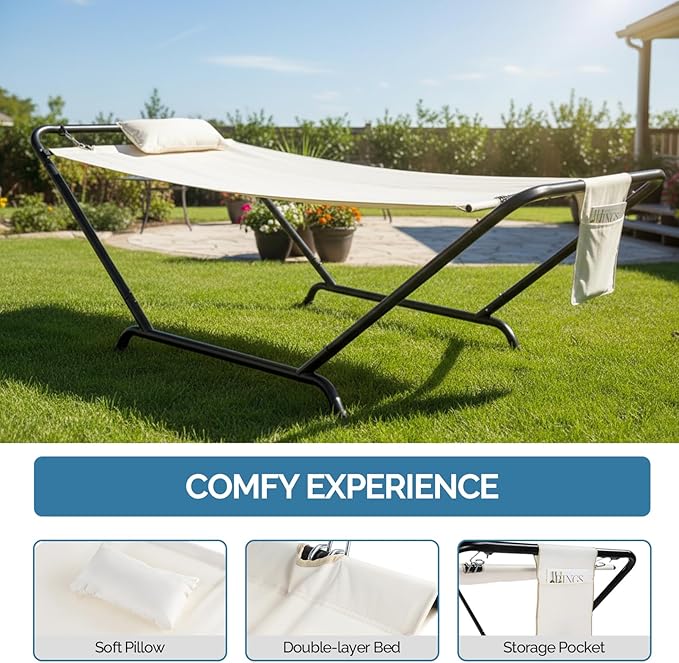 Hammock with Stand, Heavy Duty Hammock with Soft Pillow, Freestanding Outdoor Hammocks Bed for Outside Backyard, Camping, Garden, Yard, Patio, 330 lbs Weight Capacity (Beige)