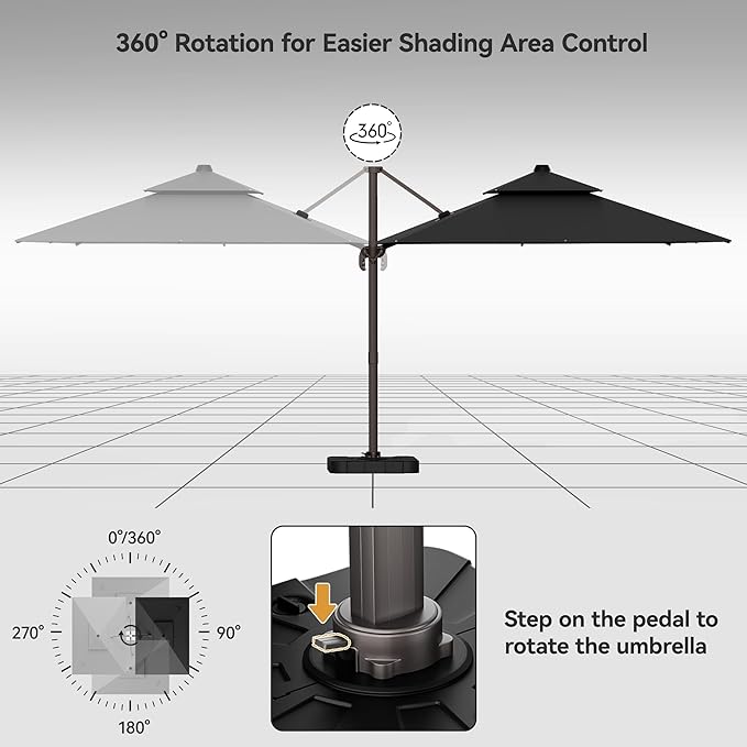 9x12FT Black Cantilever Outdoor Patio Umbrella with Base, Large Rectangular Offset Design, Double Top Heavy Duty Aluminum Frame & 360° Rotation for Pool Garden Deck Backyard