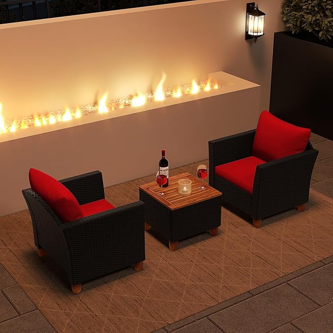 Tangkula 3 Pieces Patio Porch Furniture Set, PE Rattan Wicker Chair Conversation Set with Cushions and Storage Table, Outdoor Acacia Wood Bistro Set for Garden, Poolside (Red)