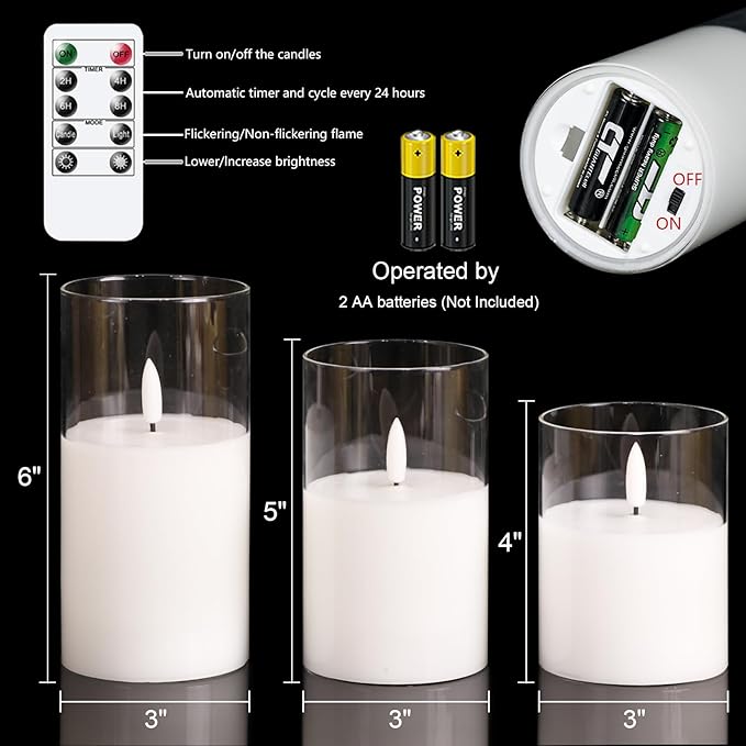 GenSwin Flameless Candles with Remote Timer, Clear LED Battery Operated Candles with Flickering Flame, Glass and Real Wax Pillar Candle Holiday Home Decor(Set of 3, D3”x4”5”6”)