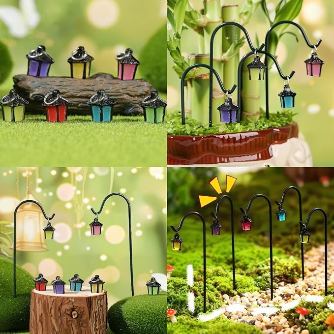 YAHUIPEIUS 7PCS Miniature Garden Stakes,Resin Mini Lanterns Decorative Potted Plant Stake with Metal Hooks Small Accessories for Terrarium Succulent Pots Indoor Outdoor Plants Decor
