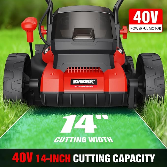 EWORK 40V Electric Lawn Mower Cordless, 14" Electric Push Mower with Grass Catchers, 2x4.0Ah Batteries & Charger, 6-Height Adjustment, 21Lbs Lightweight Battery Powered Lawnmower for Small Yard