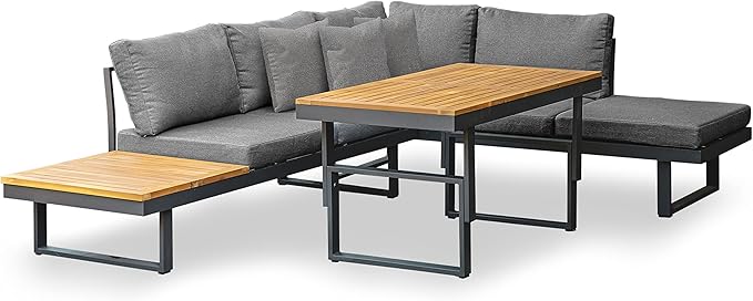 Greemotion 3-Piece San Jose Metal Modular Outdoor Sectional, Patio Furniture Set Certified 100% Teak Wood Patio Conversation Set, Gray