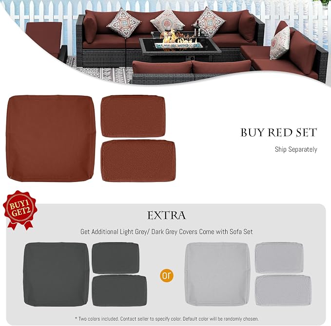 BULEXYARD 7 Piece High Back Outdoor Furniture Set with Fire Pit, Durable All Weather Wicker Patio Couch Sofa Set, Large Size Modular 6-Seater Sectional Backyard Seating Wide Deep for Lawn, Grey & Red
