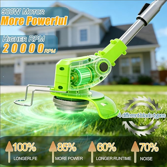 Electric Weed Wacker, 21V Cordless Weed Eater Battery Powered, No String Trimmer with Wheels & Metal Blades, Lightweight Grass Trimmer/Brush Cutter/Lawn Edger, Stringless Weed Trimmer for Yard Garden