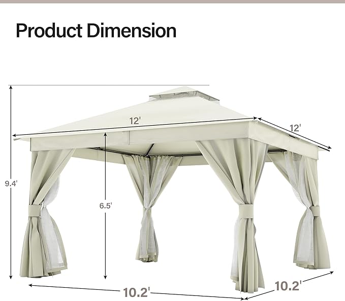 LAUSAINT HOME Patio Gazebo 12'x12', Outdoor Heavy Duty Party Tent Shelter with Double Roofs, Mosquito Nettings and Privacy Screens for Backyard, Garden, Lawn, Cream White