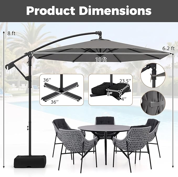 Tangkula 10ft Patio Umbrella with Base Included, Offset Cantilever Outdoor Umbrella with 360 Degree Rotation, Crank Handle, Sun-Protective Canopy for Pool Deck Garden Backyard (Gray)