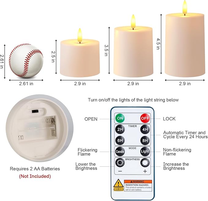 Raycare White Outdoor Waterproof Flameless Candles with Remote and Timer, Realistic LED Candles, Battery Operated Electric Fake Pillar Candles for Porch, Patio, Garden, Set of 3