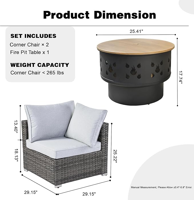 HOOOWOOO 3-Piece Outdoor Wicker Patio Furniture Set, Modular Sectional Sofa with Cushions and Fire Pit Table, All-Weather Rattan Garden Seating for Patio, Porch, or Balcony (Grey)
