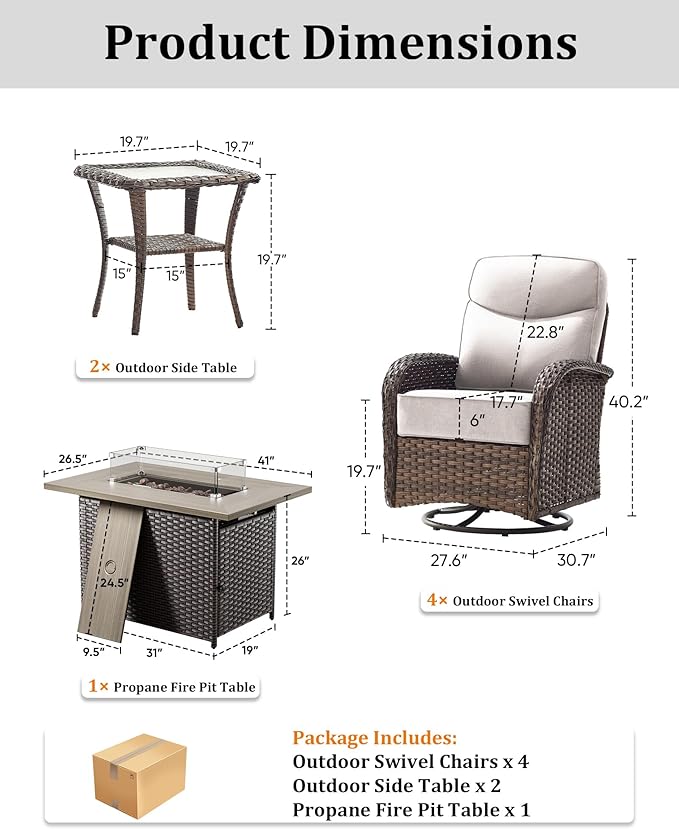 7-Piece Luxury Patio Furniture Set with 6-Inch Thick Cushions, High-Back Outdoor 4 Swivel Rocking Chairs with Wicker 42" Fire Pit, All-Weather Conversation Set for Porch, Deck, Yard or Poolside Beige