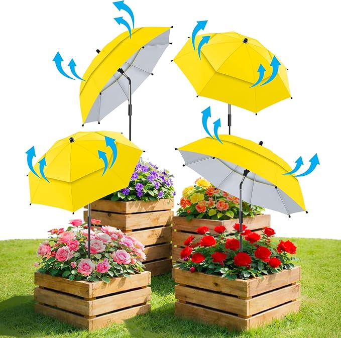 4 Pack 24.9" Double Canopy 47.2" Height Plant Umbrellas for Outdoor Plants, 3D Stakes 360° Adjustable Plant Shades for Outdoor Plants, Garden
