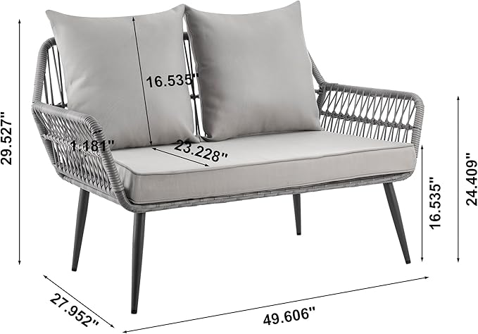 Manhattan Comfort Portofino 4-Piece Patio Conversation Set, Rope Wicker Design with Waterproof Cushions | Outdoor Furniture Includes 2 Armchairs, Loveseat & Coffee Table with Tempered Glass Top, Grey