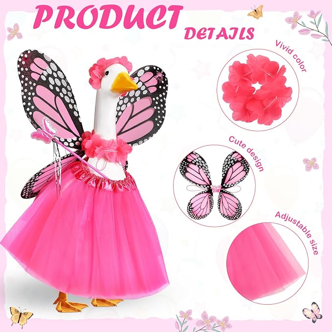5pcs Butterfly Porch Goose Outfit Costume Tutu Skirt Butterfly Wing Wand Flower Crown for 17‘' 23‘' Cement Goose