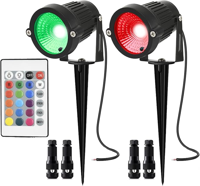 RGB Low Voltage Landscape Lights Color Changing 5W LED Landscape Lighting Outdoor Waterproof Remote Control for Garden Pathway Christmas Halloween Decorative Lighting, 2 Pack with Connector