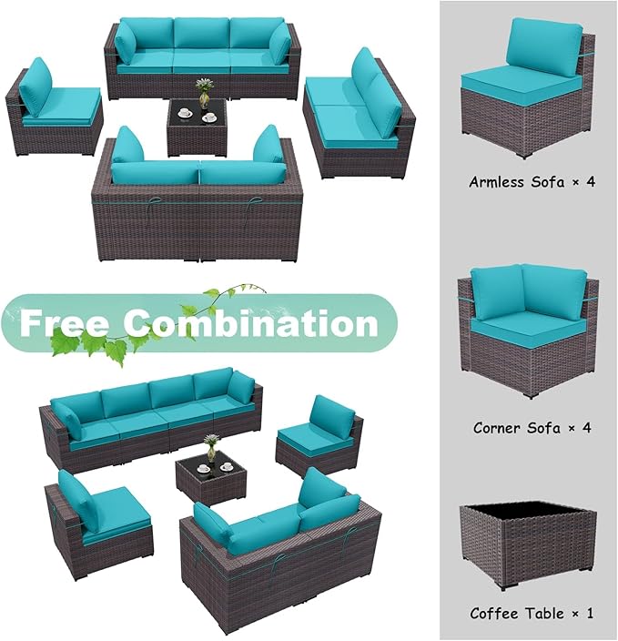 ALAULM 9 Pieces Patio Furniture Set Wicker Patio Conversation Set with 4 Corner Sofas, Outdoor Sectional Furniture w/Coffee Table & Washable Seat Cushions-Blue
