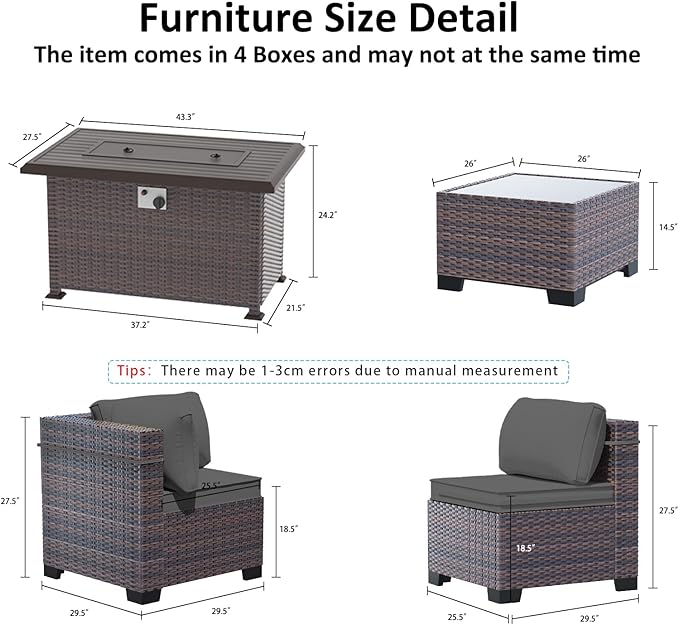 Outdoor Patio Furniture Set with Fire Pit Table, 6 Pieces Outdoor Furniture Patio Sectional Sofa PE Rattan Conversation Sets w/43 Propane Gas Firepit & Coffee Table for Outside - Grey.