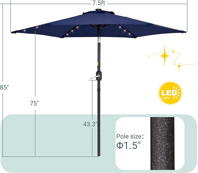 7.5ft Outdoor Umbrella Patio Umbrella with Solar Lights,18 LED Lighted Table Market Outdoor Umbrella, 2-Year-Non-Fading, for Pool, Deck, Garden,Backyard