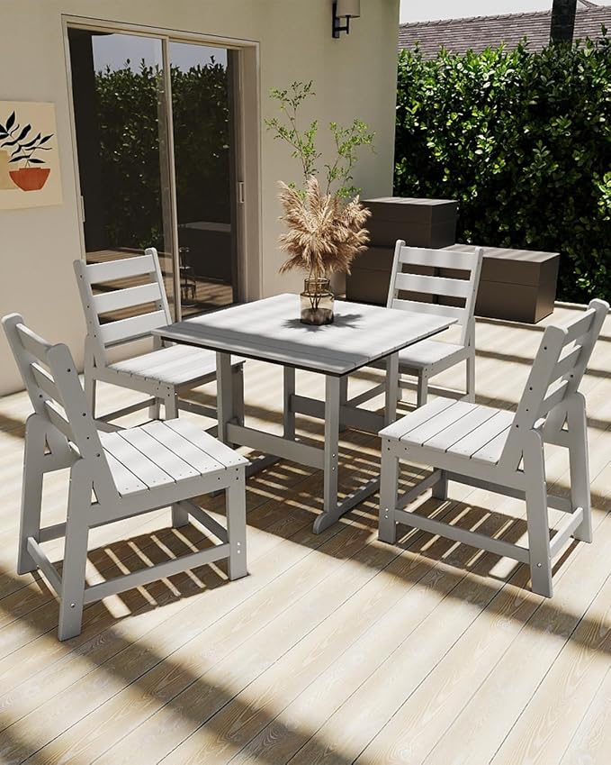 GREENVINES 5-Piece-Outdoor-Dining-Set | HDPE | Square | Patio Furniture | All Weather | Armless Chair | Slatted Table and Chairs Sets for 4 | for Backyard Poolside Garden | White