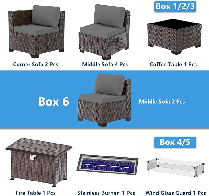 Outdoor Patio Furniture Set with Fire Pit Table, 10 Pieces Outdoor Furniture Set Patio Sectional Sofa w/43in Propane Fire Pit, PE Wicker Rattan Patio Conversation Sets - Grey.