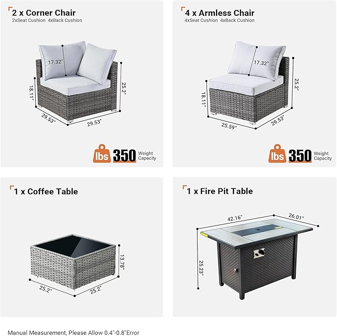 ovios Outdoor 8 Piece Patio Furniture Set with Fire Pit Table,Conversation Sectional Wicker Couch with Coffee Table,Modern Outside Sofa for Balcony Backyard, Grey