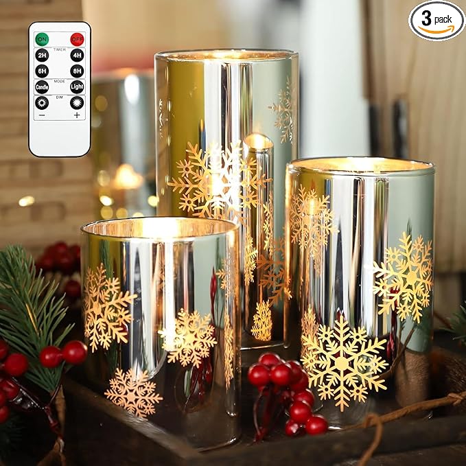Snowflake LED Flameless Candles with Remote and Timer, Electroplate Glass Candles Operated by Battery, Christmas LED Flickering Candles Decoration for Bedroom, Party, Wedding