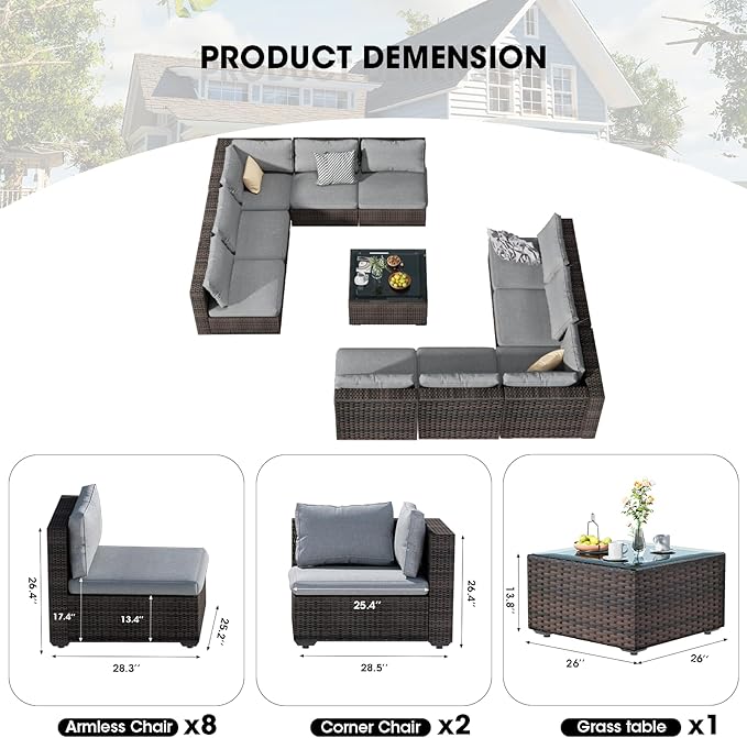 11 Piece Patio Furniture Set All Weather PE Rattan Outdoor Sectional Sofa Couch with No-Slip Cushions and Glass Top Table for Garden, Poolside, Backyard (Gray)
