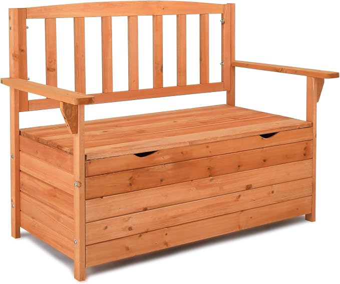Outdoor Wooden Storage Bench Deck Box, Storage Bench Deck Box for Patio Furniture,Wood Patio Furniture, 43 Gallon Pool Storage Bin Container with Backrest and Armrests for Store Garden Tools,WoodColor