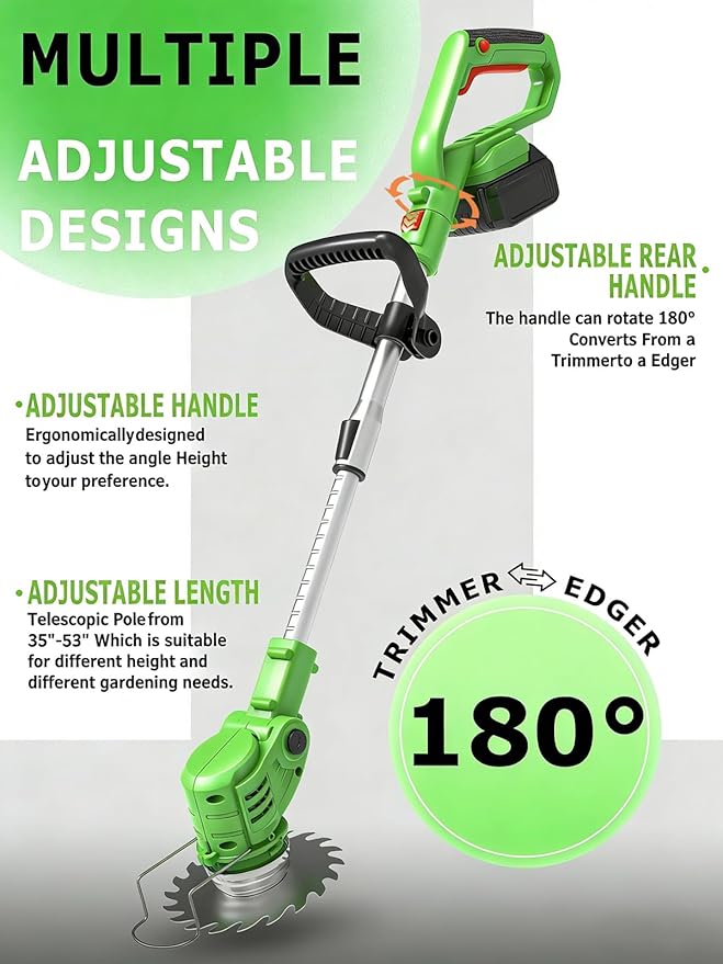 Electric Weed Wacker Battery Powered,20V Lightweight Cordless Weed Trimmer Eater with 2 Battery and Charger,3 in 1 Grass Trimmer/Brush Cutter/Lawn Edger with 26 Blade for Yard,Garden