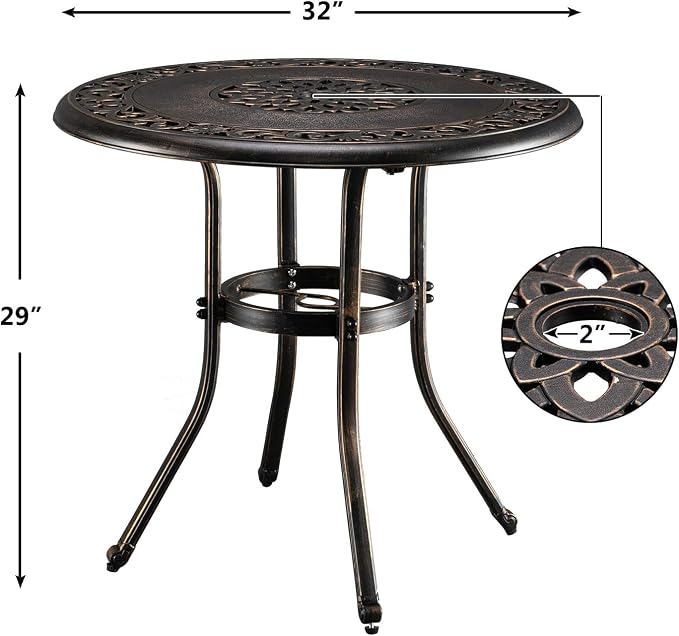 VINGLI Cast Aluminum Patio Bistro Dining Table with 2” Umbrella Hole, Round Conversation Table for Outdoor, Weather Resistant Garden Dining Table (32”Diax29”H)