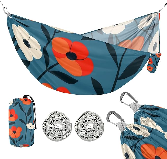 Orange Flowers Blue Background 330lb Capacity Outdoor Hammocks Tree Hammock for Camping Travel Accessories hamaca con soporte para adultos
