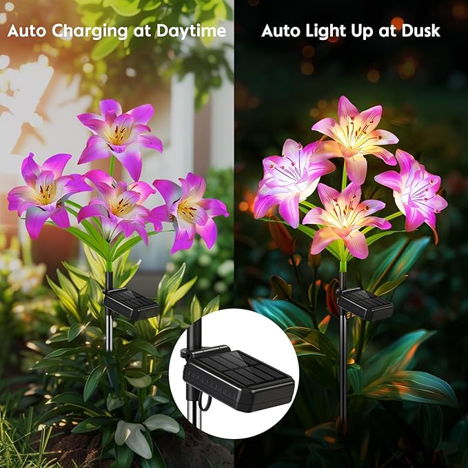 6 Pack Solar Flowers Outdoor Waterproof with Lily Solar Garden Lights for Outside for Yard Pathway Home Decor Enthousiasts, Gifts for Mother