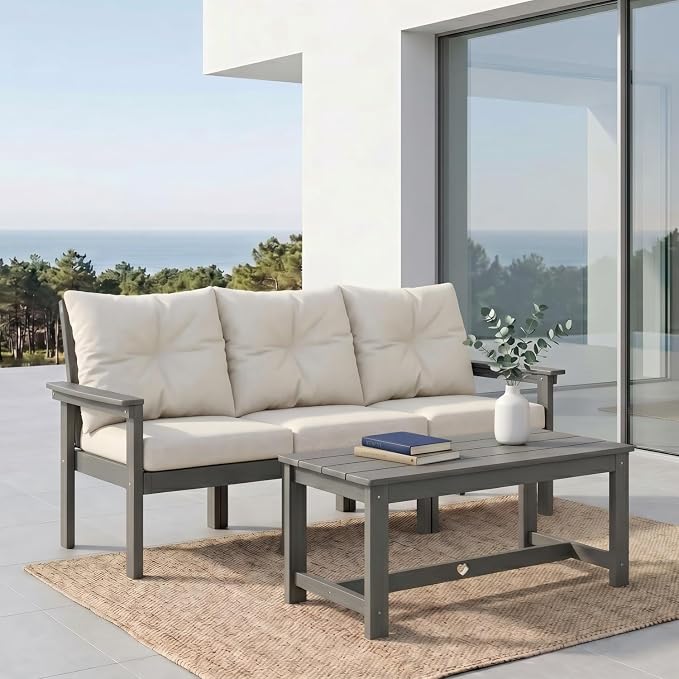 HDPE 4 Piece Patio Furniture Set, All-Weather Outdoor Couch with Thick Cushions & Coffee Table, Patio Conversation Sets for Lawn, Garden, Porch, Balcony, Deck, Poolside,Grey Frame Beige Cushion