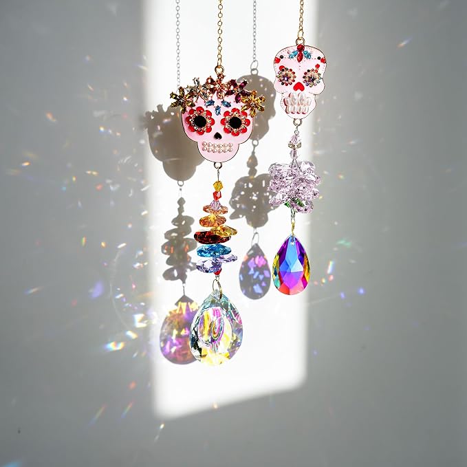 2 Pcs Skull Rhinestone Crystal Pendant Chandelier Suncatcher Hanging Decor | Crystal Bead Chain Suncatcher with Skull Rhinestone Pendant for Chandelier Window Wedding Party Decor Accent