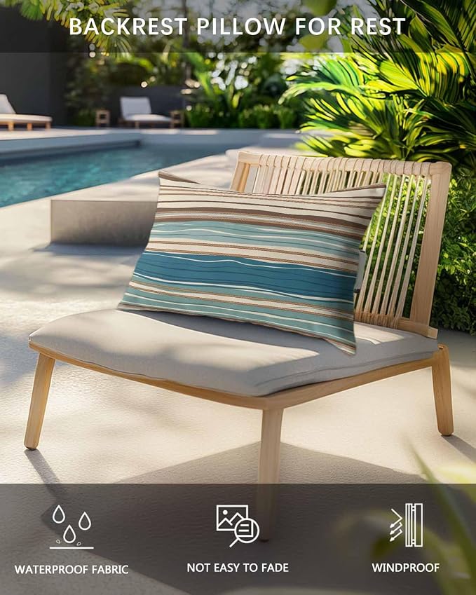 Outdoor Pillows Covers with Inserts Boho Style Horizontal Stripe Waterproof Recliner Pillow with Adjustable Strap Throw Pillows for Patio Furniture Pool Lounge Chair, 11x16 inch, 1PCS