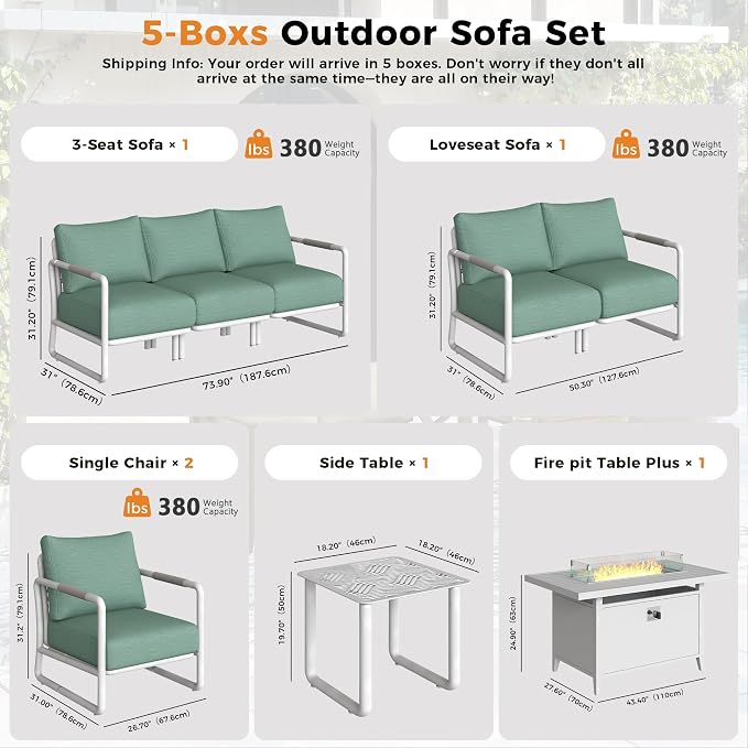 Outdoor Aluminum Patio Furniture Set with 43" Fire Pit Table,7-Seat Outdoor Conversation Set with 6.5" Thick Cushions & Coffee Table, All-Weather Patio Set for Backyard，White