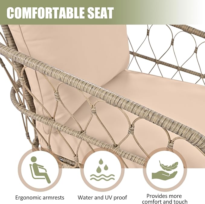 Merax 4 Piece Outdoor Patio Furniture Sets, Bohemia Style Small Wicker Patio Conversation Furniture Rattan Chair Set with Coffee Table Top for Backyard Porch Garden Poolside Balcony, Beige