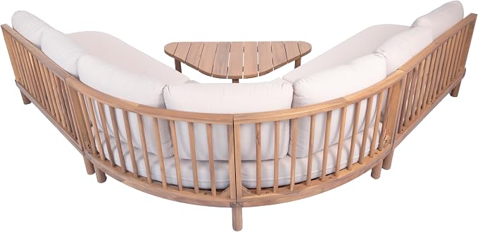 Merax 5 Piece Patio Outdoor Furniture Set, All Weather 118" Half Moon Sectional Sofa with Acacia Wood Frame & Waterproof Cushions,1 Coffee Table for Garden,Lawn,Backyard,Poolside,Beige+Light Teak