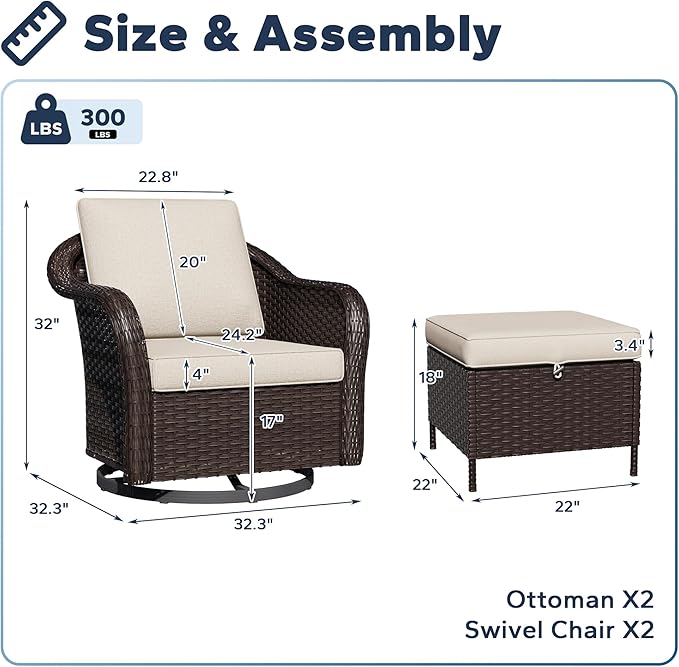 Outdoor Swivel Chairs Set with Ottomans, 4 PCS Patio Conversation Furniture Set with Removable Cushions, All-Weather Wicker Furniture for Porch, Backyard, Deck, Sunroom (Beige)