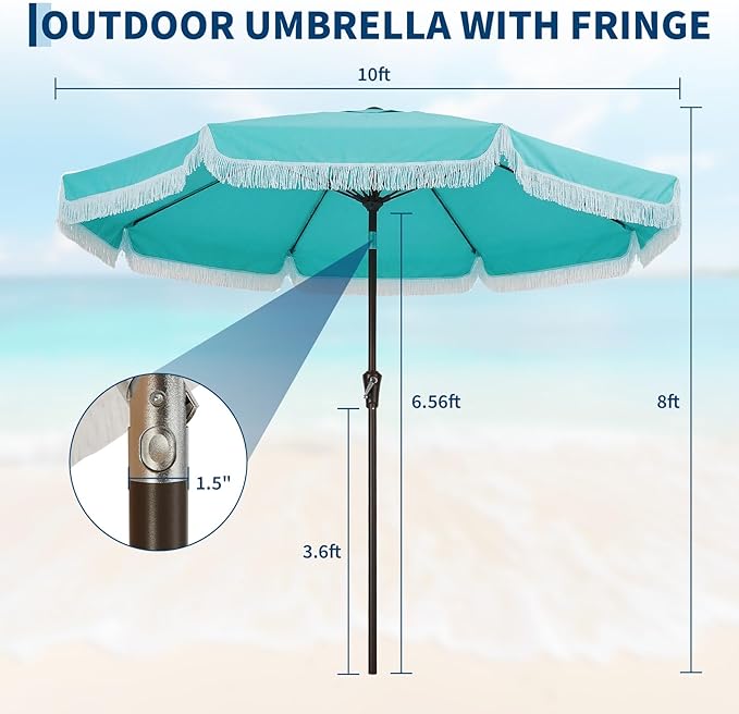 Garvee 10FT Fringe Patio Umbrella with Crank Handle,Push Button Tilt for Sun Shade,8 Fiberglass Ribs, 1.5"D Premium Steel Pole,Outdoor Large Tassel Umbrella for Patio Beach Pool Backyard,10' Lake Blue