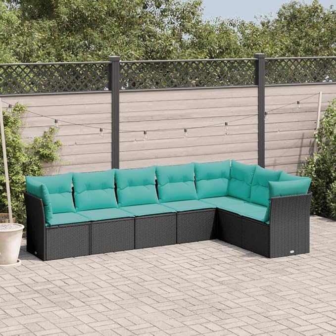 7 Piece Patio Sofa Set with Cushions, Outdoor Dining Sets Patio Conversation Set Garden Lounge Set Front Porch Furniture for Garden Negotiation Area Piazza Exhibition Black Poly Rattan