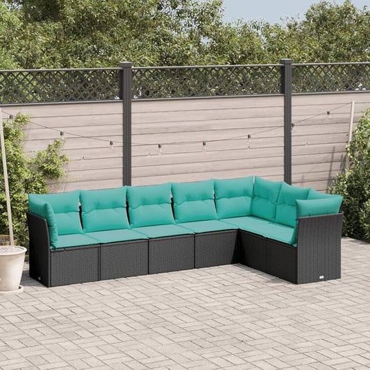 7 Piece Patio Sofa Set with Cushions, Outdoor Dining Sets Patio Conversation Set Garden Lounge Set Front Porch Furniture for Garden Negotiation Area Piazza Exhibition Black Poly Rattan